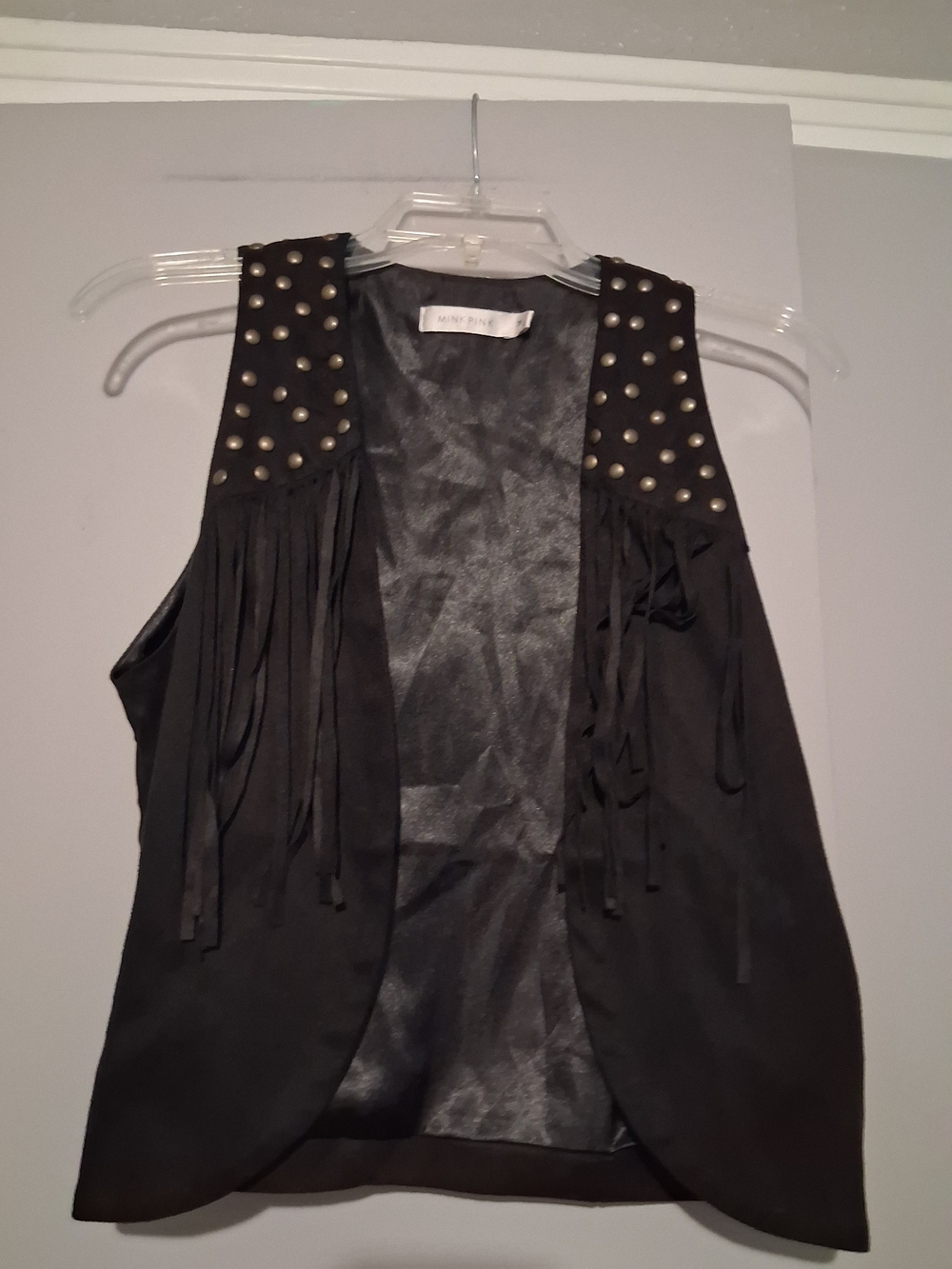 MINKPINK Black Faux Suede Fringe Vest with Stud Details - Picture 2 of 6